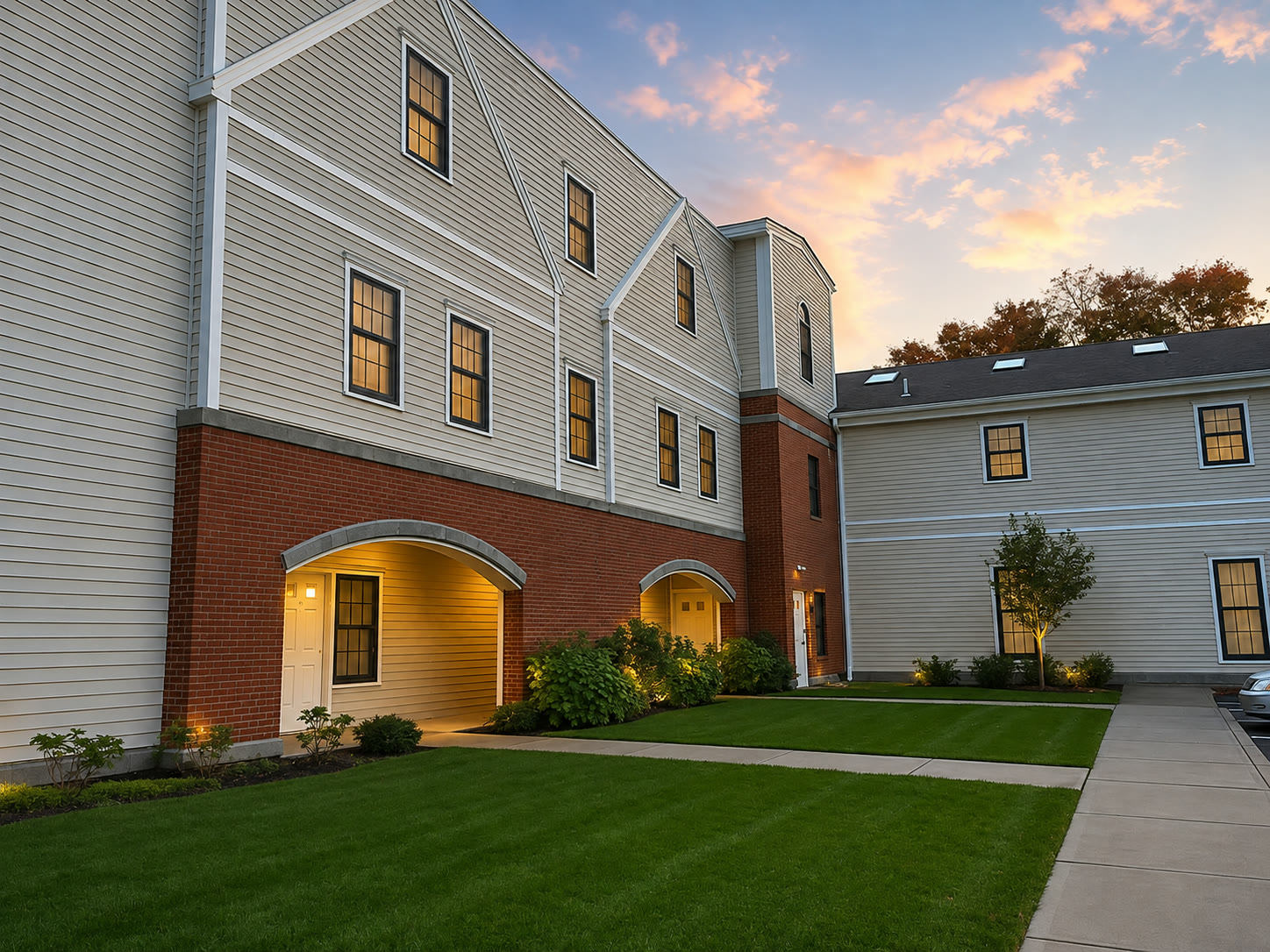 The Residences at Greenwich Bay at dusk