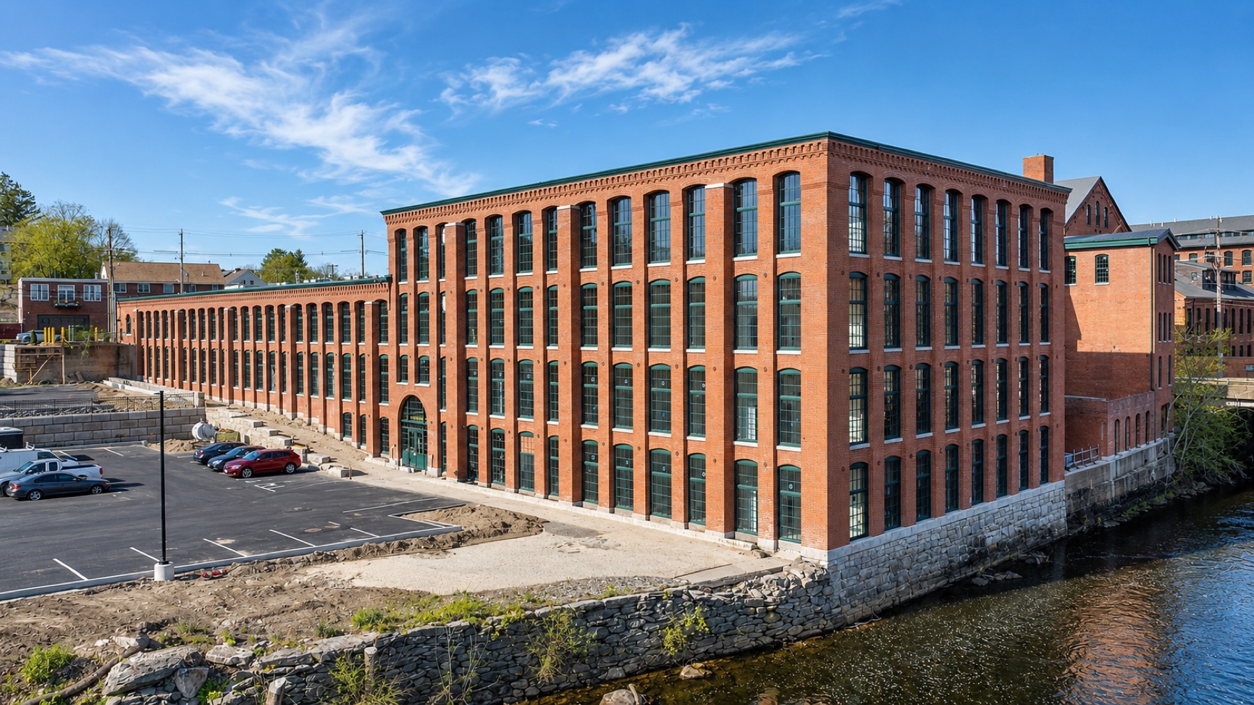 Restored brick mill buildings at Roosevelt Mills